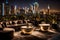 A rooftop garden with a panoramic view of the city skyline, where a private New Year\\\'s celebration takes place.