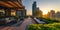 Rooftop Garden Terrace with Urban Skyline at Sunset. Resplendent.