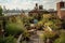 a rooftop garden with a view of the city skyline, surrounded by chimneys and other rooftop elements