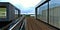 Rooftop patio of an advanced high-tech home. Terrace board flooring. Steel and glass railing. 3d render