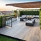 A rooftop patio and an open kitchen with sliding glass