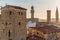 Rooftop skyline panorama of Florence at sunset during with Palazzo Vecchio town hall, Bargello museum and Chiesa Orsanmichele chur