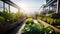 Rooftop vegetable and herb garden, with rows of thriving plants and a sustainable gardening setup.