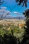 Rooftops of Athens viewed through frame of tree branches from Acropolis