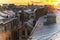 Rooftops historic center St. Petersburg during amazing sunset. Walking.