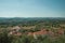 Rooftops among olive trees over countryside landscape