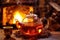 rooibos tea steeping in glass teapot with campfire backdrop