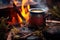 rooibos tea steeping in a rustic enamel mug near campfire