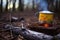 rooibos tea steeping in a rustic enamel mug near campfire