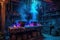 A room adorned with an abundance of pots and candles meticulously placed throughout the space, Witch\\\'s lair with Bubbling