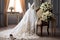 Room adorned with bridal sophistication dress, shoes, and bouquet create a striking display