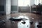 room with android robot vacuums, cleaning up mess of shattered glass