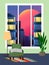 Room with armchair, floor lamp and flower. Window with a city landscape - a night city with skyscrapers and the moon.