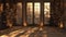 room bathed in natural light streaming through two windows, each adorned with delicate bronze flowers and roses, framed