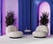 Room with blue arches with pink light and mosaic tiled floor, armchairs with coffee table, 3d render