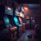 A room brimming with arcade machines from the 80s and 90s. AI