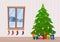 Room with Christmas tree and window with winter landscape and socks.