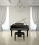 Room in classic style with piano and chandlier 3D rendering