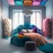 A room with a colorful couch and a ceiling with colorful lights.