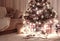 Room in dark with illuminated christmas tree, decoration and gifts, home interior at night, red brown toned