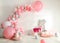 Room decorated with colorful balloons for party