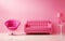 Room design in pink. Barbie color. minimalism in the interior with a pink sofa.