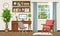 Room with a desk, an armchair, and bookshelves. Retro interior design. Cartoon vector illustration