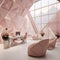 a room with a desk, chairs and a laptop Minimalist interior Workspace with Pastel Pink color theme