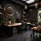 a room with a desk and a lot of clocks on the wall Bohemian interior Workspace with Charcoal Gray