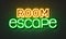 Room escape neon sign on brick wall background.