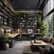a room filled with lots of books and plants Bohemian interior Workspace with Charcoal Gray color
