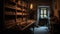 A room filled with lots of bottles and jars. AI generative image. Dark academia style.