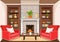 Room with fireplace, flat interior, colorful drawing, vector illustration. living room with burning fire, cabinets with vases, boo