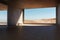 Room without furniture and with big window to beautiful view to desert and sands. 3d rendering