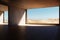 Room without furniture and with big window to beautiful view to desert and sands. 3d rendering