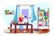 Room with girl reading book in room vector illustration. Female student reads book, studying at home. Learning and