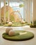 a room with a green rug and balls on it