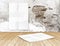 room with hanging blank crumpled white poster at crack brick wall and wooden floor room,Template Mock up for your content