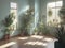 Room interior adorned with lush green plants and bathed in soft, gentle light creates a serene and refreshing ambiance bringing a