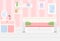 Room interior. Apartment in pink colors and white furniture. Girl bedroom design with sofa, shelves, mirror. Vector illustration.