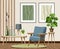 Room interior with an armchair, wooden slats, and abstract paintings. Modern interior design. Cartoon vector illustration