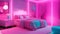 room interior design like Barbie doll with fully furnish bed with neon lights