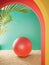 Room interior with red ball and palm. there have colorful wall and sand on the floor. room mockup stylish