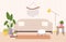 Room interior scandinavian style. Living room decorations, relax room design with cozy sofa, plants and decor. Racy