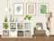 Room interior with a shelving, an armchair, and paintings. Cartoon vector illustration