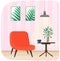 Room for interview, studio interior design with furniture and decorations vector illustration