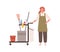 Room maid, janitor woman in cleaning office service uniform. Maid woman standing by cart, cleaning equipment, tool