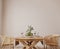 Room mockup in Scandinavian dining room design, rattan chairs and wooden dining table on bright beige interior background