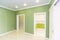 A room in a new building with a fresh renovation. The walls are green and pink, the floors `under the tree`