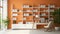 a room with an orange wall and a white bookcase Modern interior Workspace with White color theme